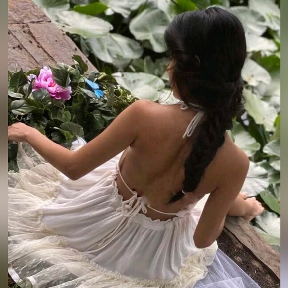 NEW Boho Mesh Tulle Dot Ruffle Halter Mini Dress Off White Cream Ivory - Picture 2 of 14